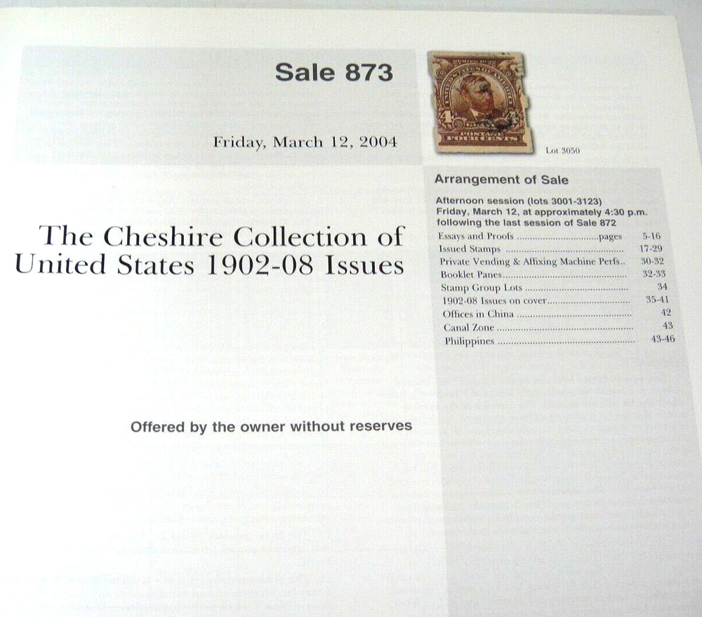 Siegel Stamp Auction Catalog Cheshire Collection US 1902-08 Issues 2004 #873