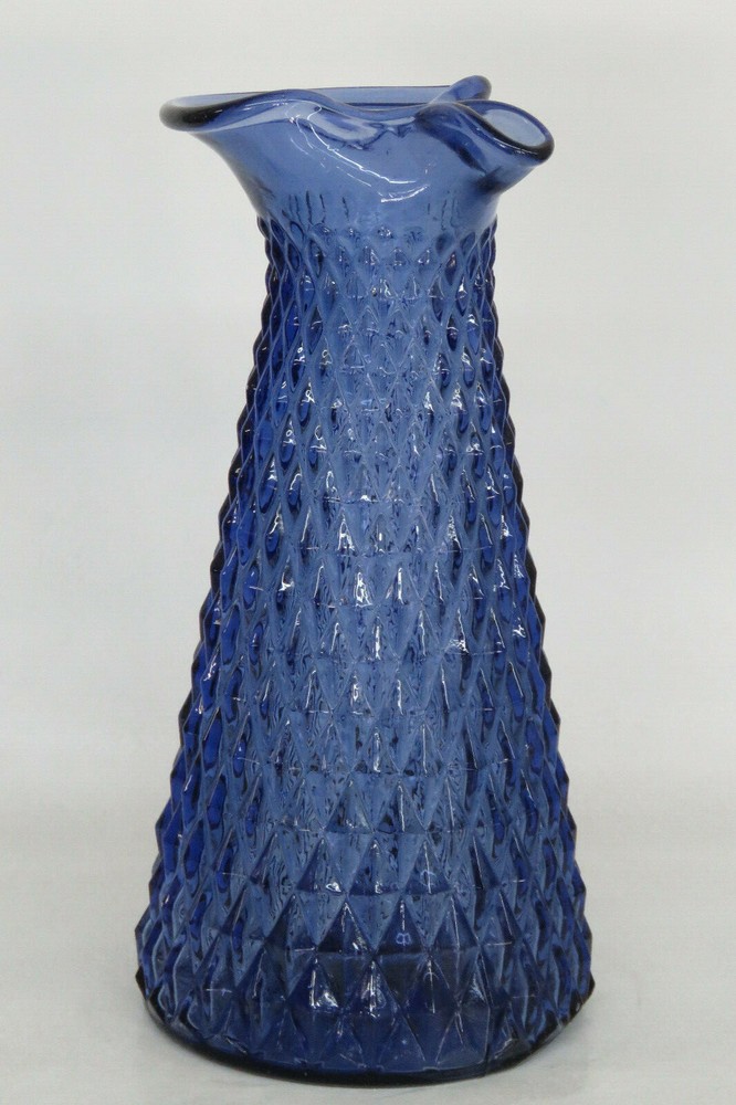 Diamond Point Pattern Blue Glass Pitcher Decanter Formed Spout Vase 2029B