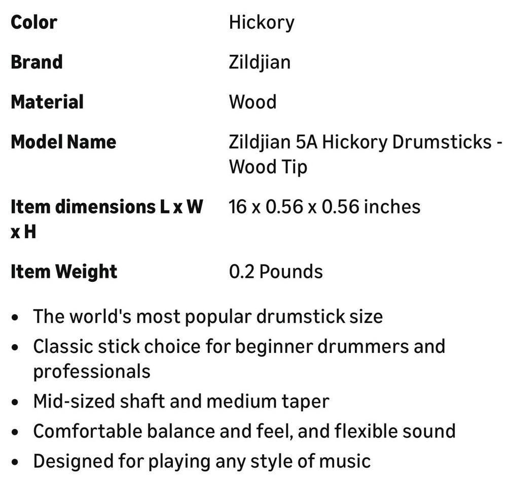 Zildjian 5A Hickory Drumsticks