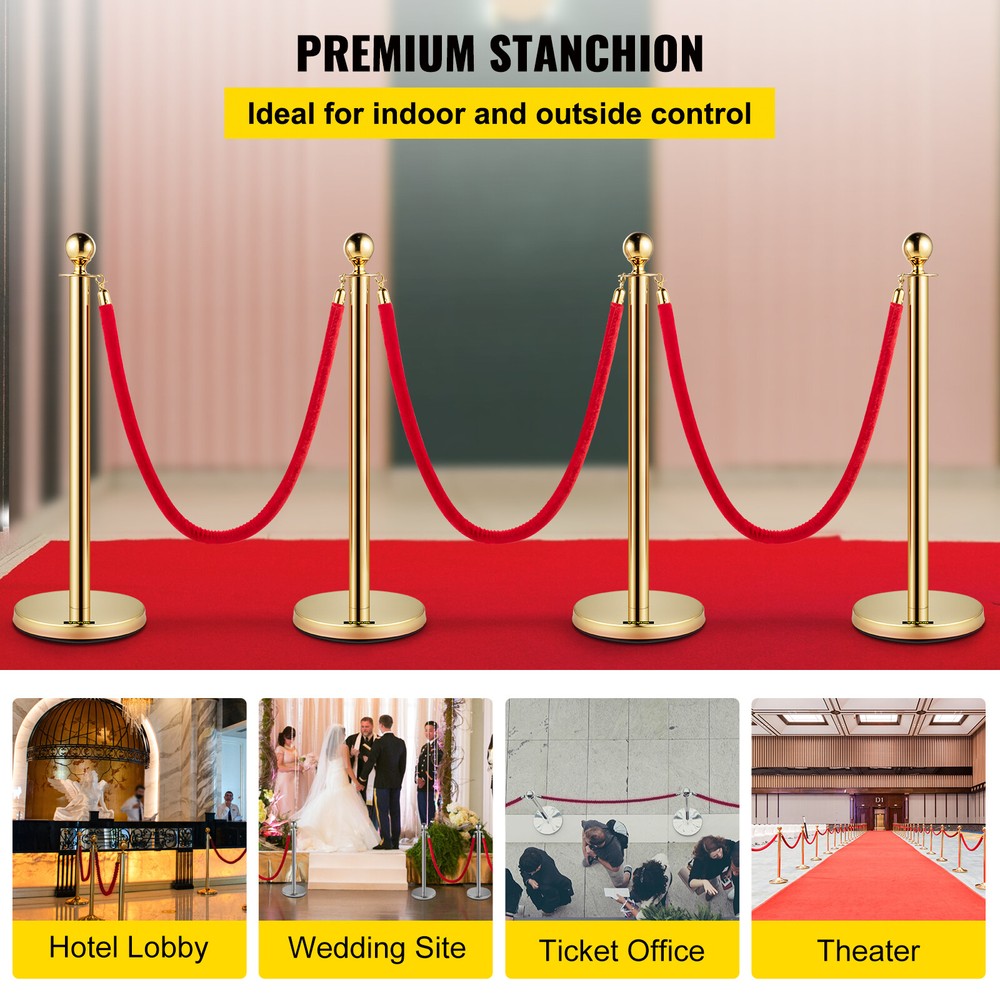4Pcs Stanchion Posts Queue Pole Barrier Crowd Control With 3 Velvet Ropes