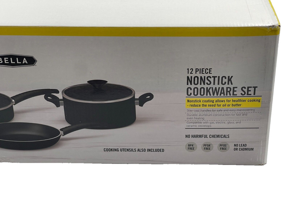 BELLA 12 Piece Nonstick Kitchen Essentials Cookware Set black New