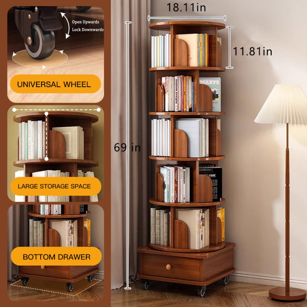 6 Tier Rotating Bookshelf Display Tower Corner Bookcase Storage Rack Small Space