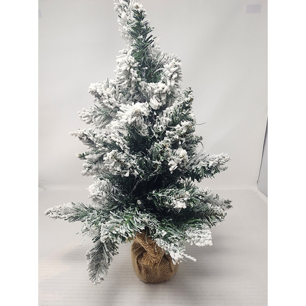 Mini Snow Flocked Christmas Tree with LED Lights Burlap Base