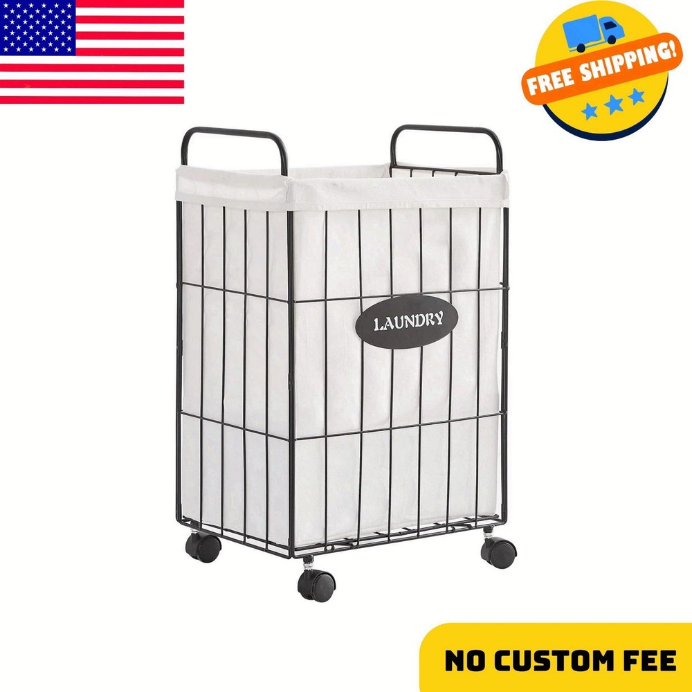 Iron Wire Laundry Hamper With Rolling Lockable Wheels, Folding Laundry Storage