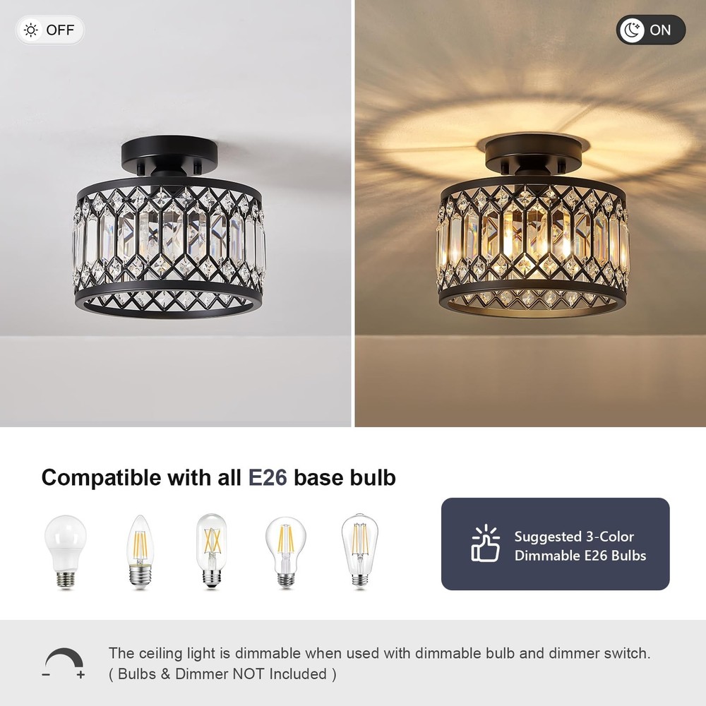 Crystal Black Ceiling Light, Modern Semi Flush Mount Ceiling Lighting Fixture...