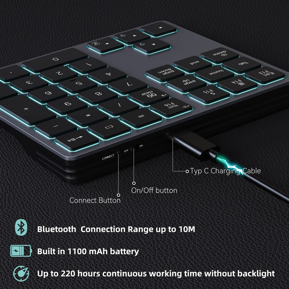 Backlit Bluetooth Numeric Keypad for Laptops and Computers, Number Pads 34 Ke...