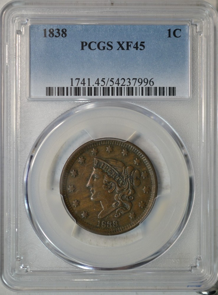1838 Coronet large cent, PCGS XF45