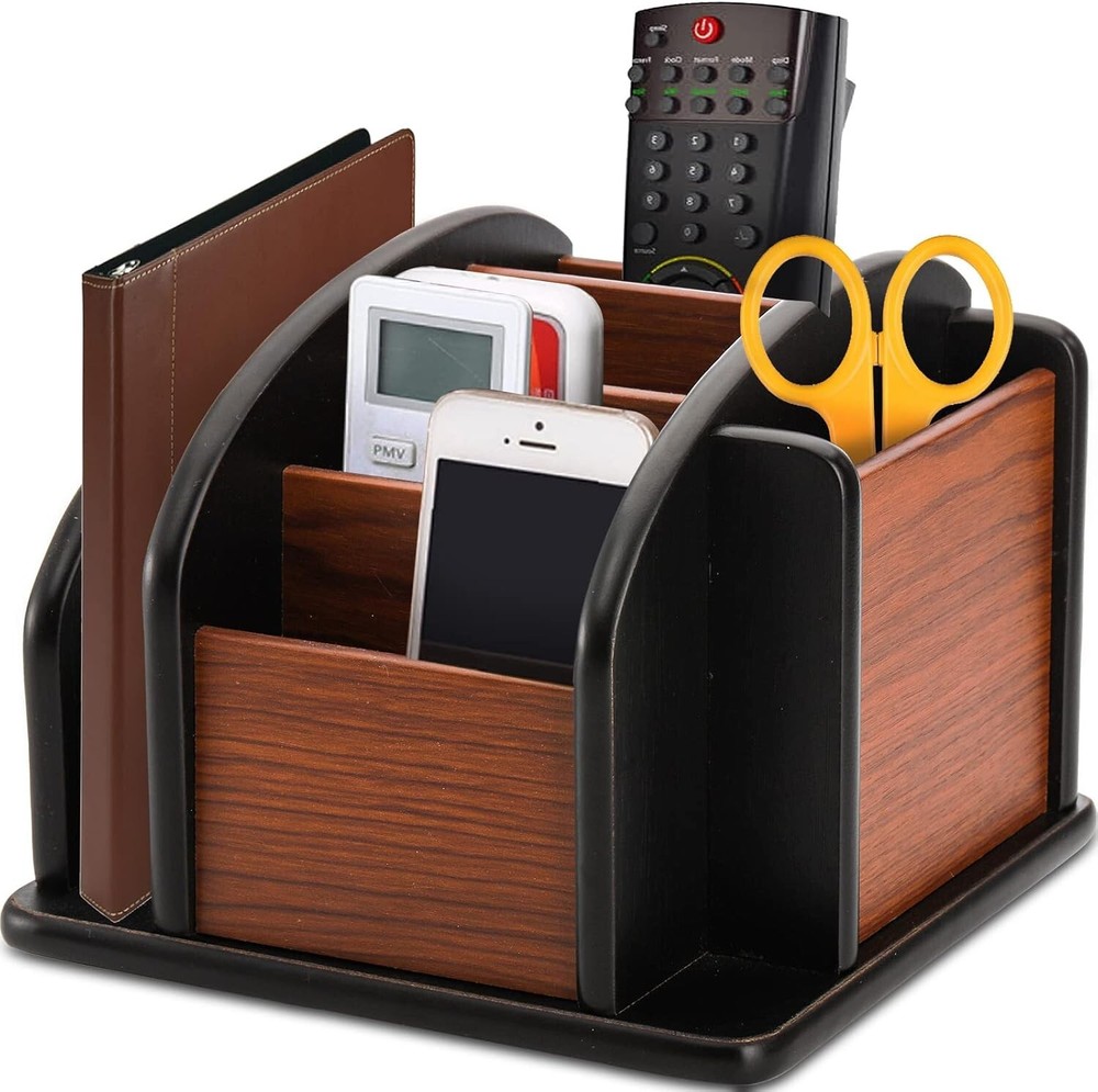 Wood Rotating Remote Caddy Remote Control Holder for Table 6-Compartment New