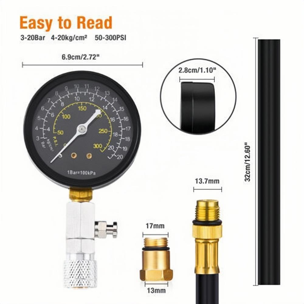 ENGINE COMPRESSION TESTER TESTING GAUGE GAGE CHECK TEST TOOL KIT