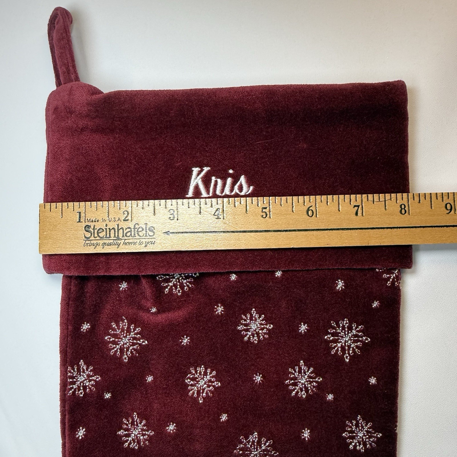Lands End Burgundy Christmas Stocking Snowflakes Velvet Embroidered Name KRIS