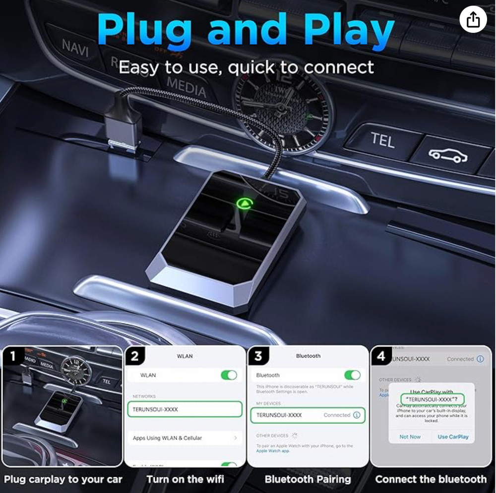 Wireless Carplay Adapter Converts Wired to Wireless for iPhone IOS 10+