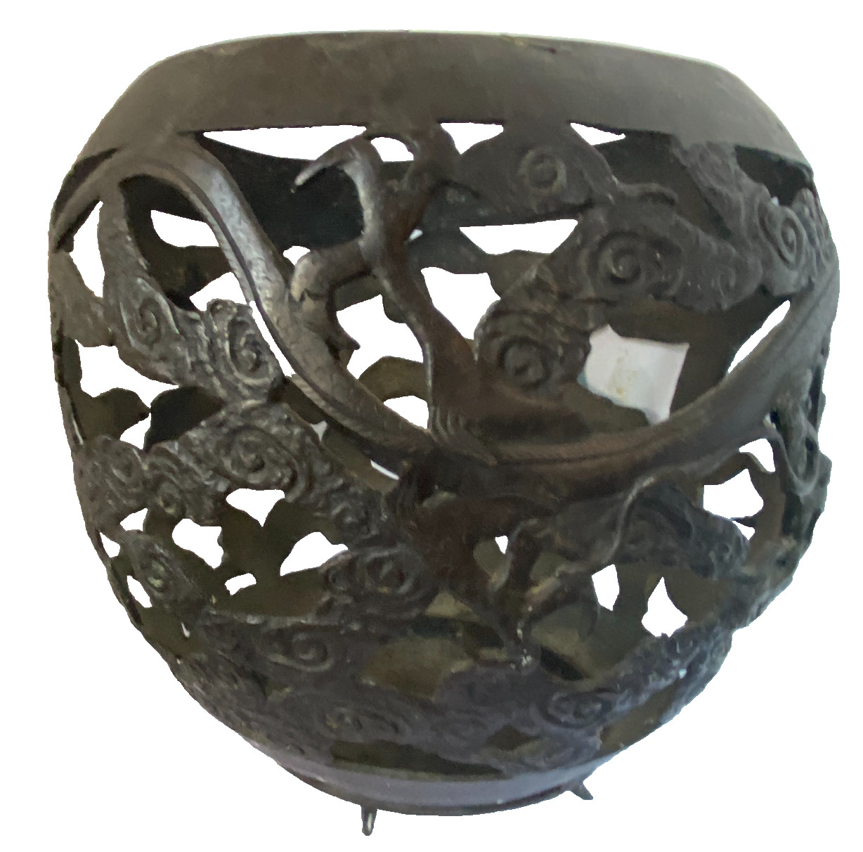 Antique Chinese Qing Dynasty Openwork Bronze with Dragon & Clouds 9” 4lbs c.1900
