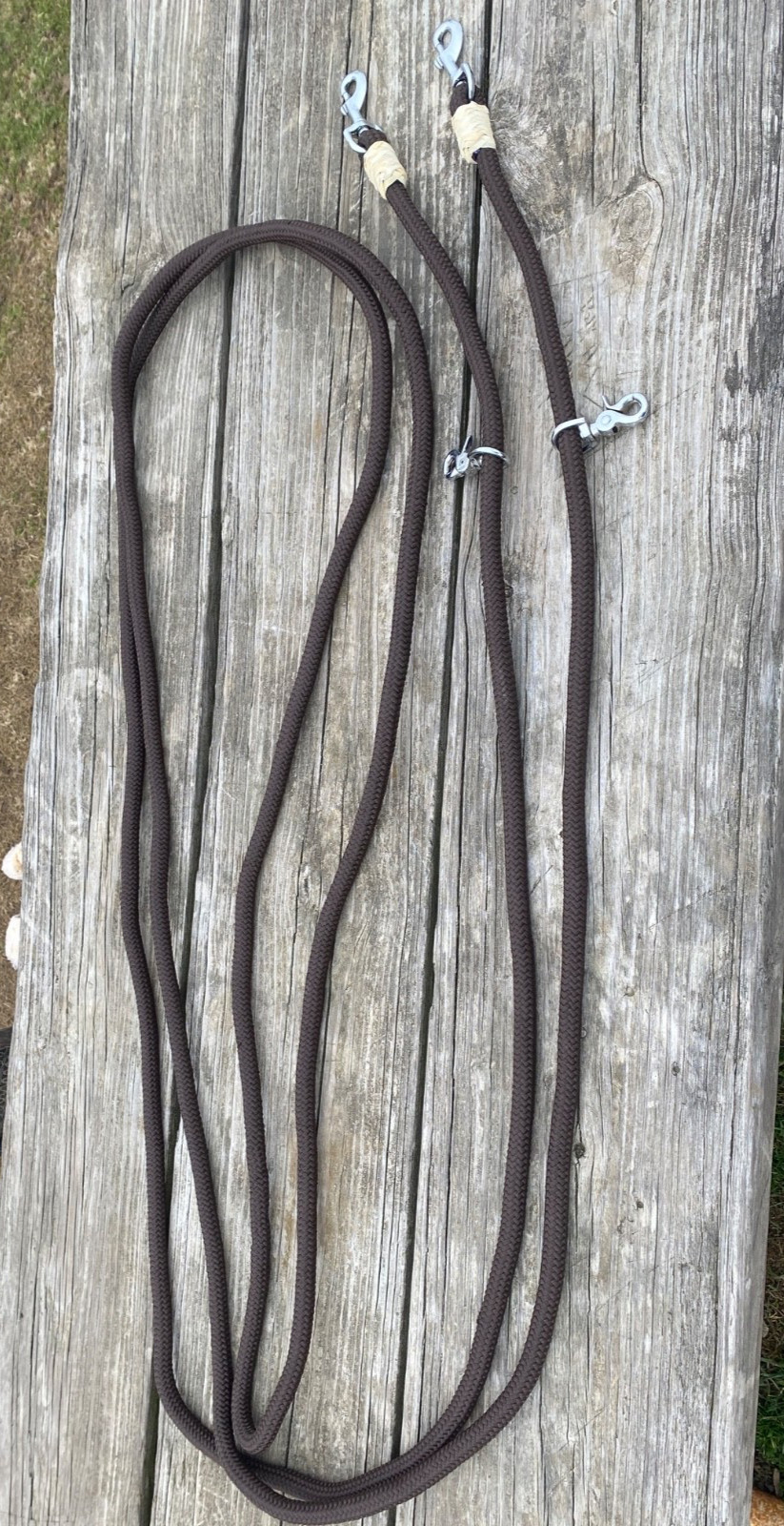 Brown nylon cord draw reins w/snap ends