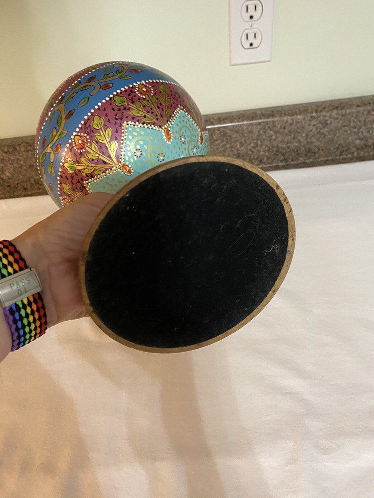 Decorative Hand Painted Globe On Wooden Base Multi Colored 15" Does Turn