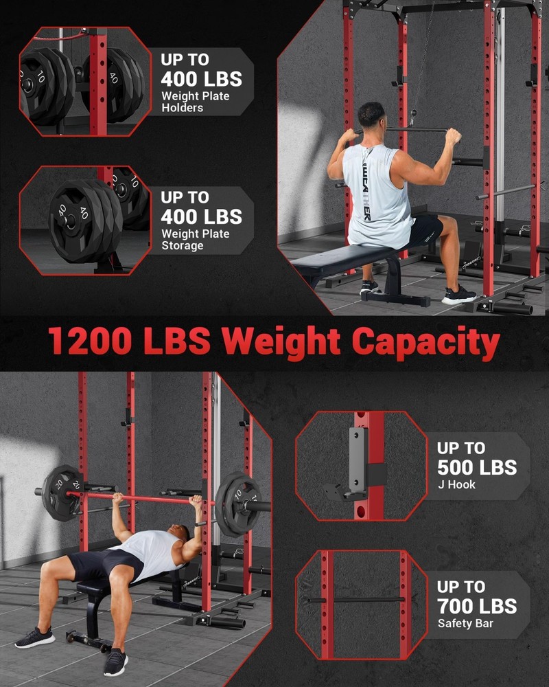 Power Cage 1200 LBS Multi-Function Power Rack with LAT Pulldown Seated Row