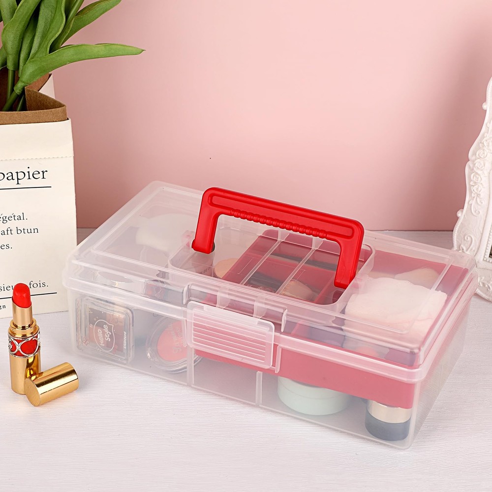 Clear Plastic Storage Box with Tray Handle Craft Sewing Organizer 2 Pack