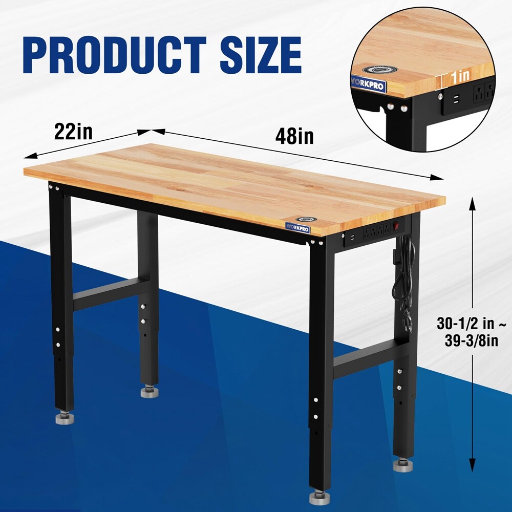 WORKPRO 48" Adjustable Workbench, Rubber Wood Top Heavy-Duty Workstation