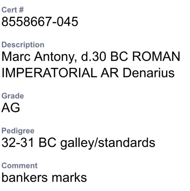 Marc Antony Silver Denarius 30BC Roman Imperatorial NGC Graded Legionary Genuine