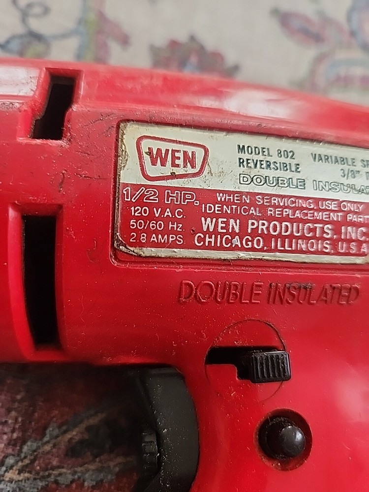 Wen 3/8" Drill Red Model 802 Corded Variable Speed Drill Vintage Power Tool