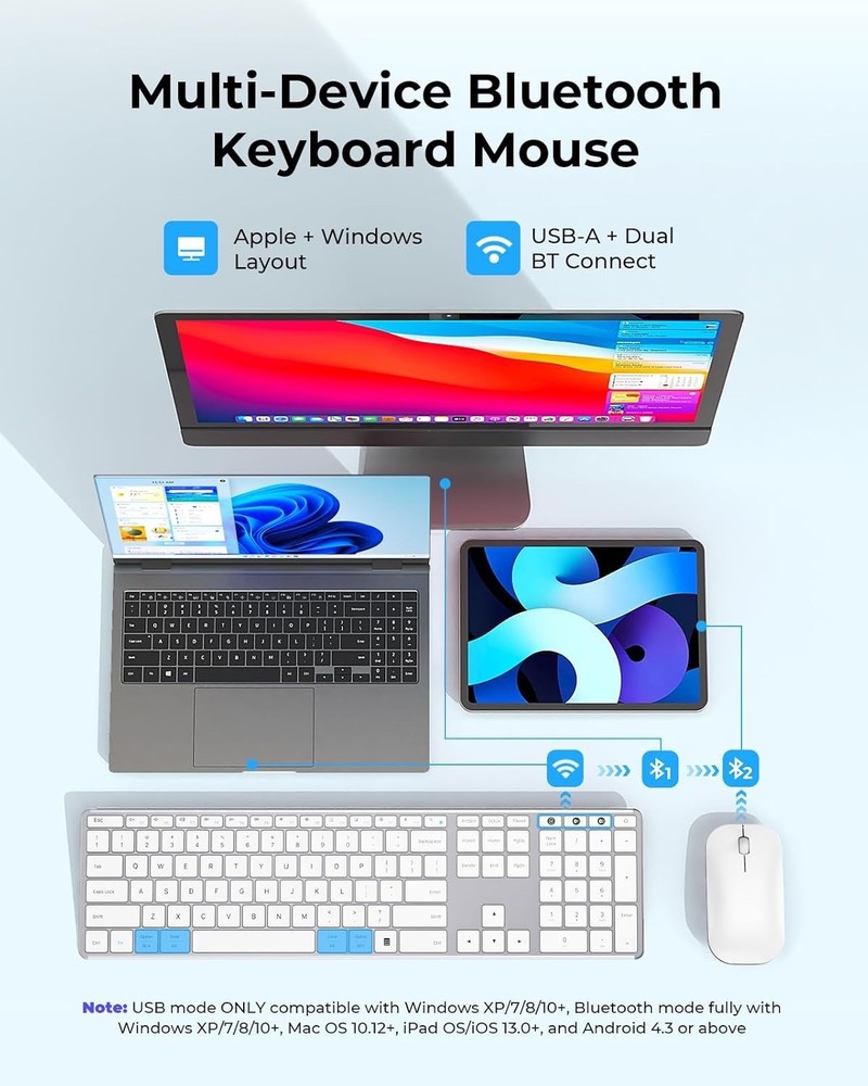 Bluetooth Keyboard & Mouse Set - Fits Windows, Mac, iPad - Rechargeable & Slim