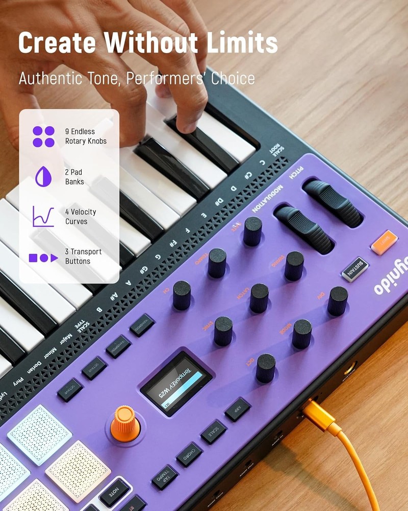 Synido USB C Rechargeable MIDI Controller Keyboard 25 Keys Wireless TempoKEY W25