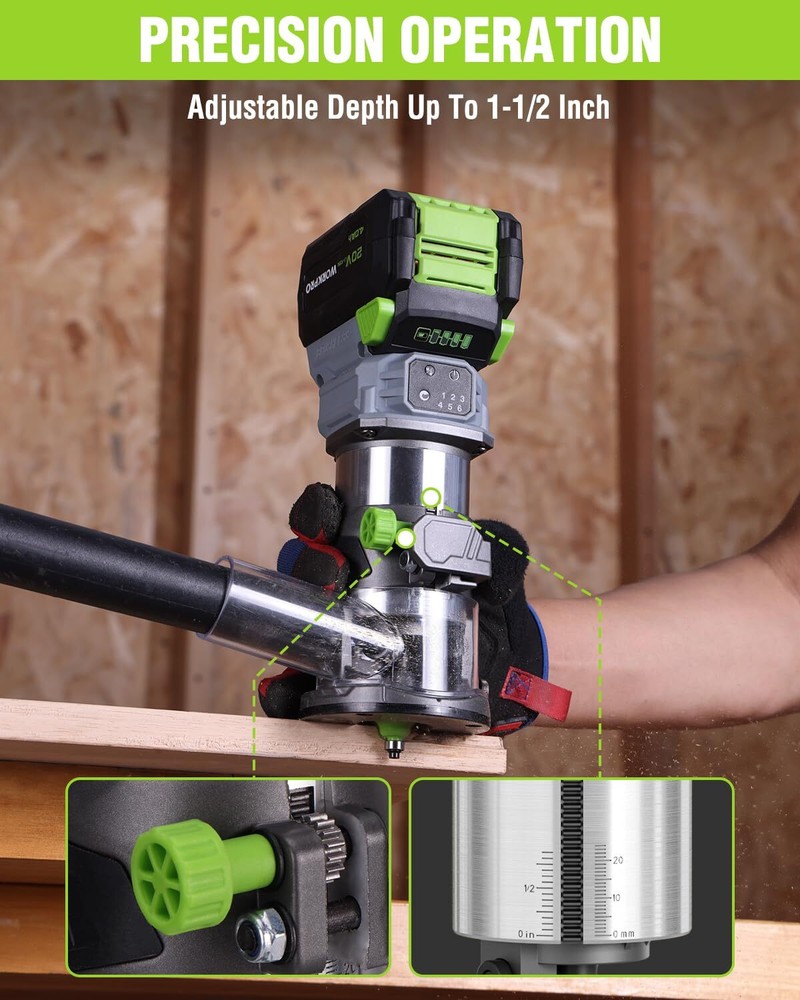 WORKPRO 20V Cordless Compact Router Tool 6 Speed Multi-Angle Adjustable Straight