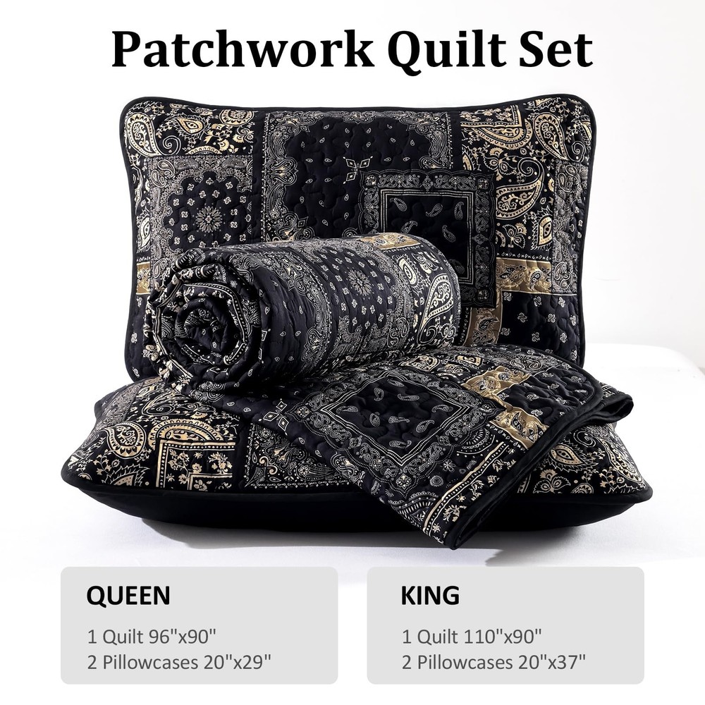 Cottolester Boho Patchwork Quilt Set Queen Size,Black Gold Fall Bedspread,Pai...