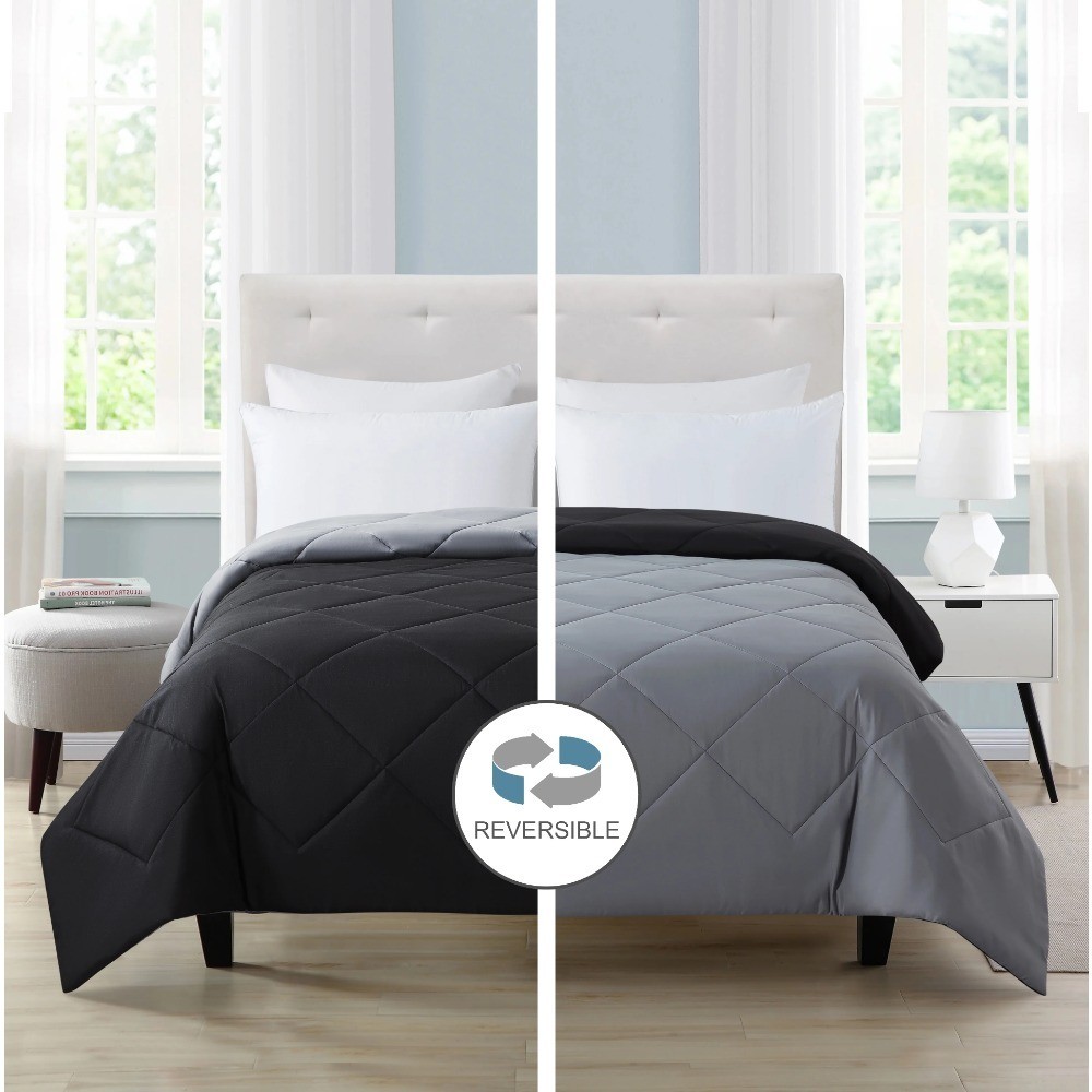 Reversible Microfiber forter Full Queen Size Solid Black Bedding