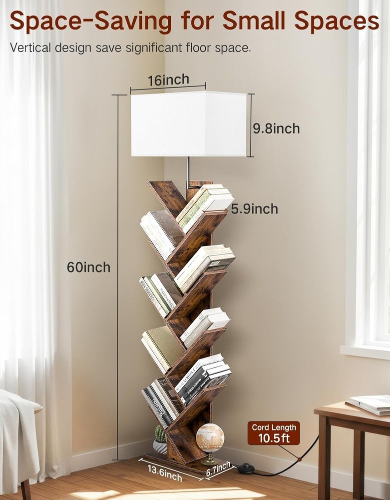 9 Tier Tree Bookshelf with Light, Remote & Timer, Modern Tall Floor Standing ...