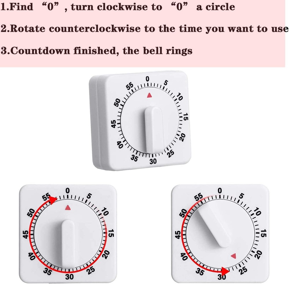 1/2x Square 60 Minute Mechanical Kitchen Timer Easy to Use Visual Cooking Timer