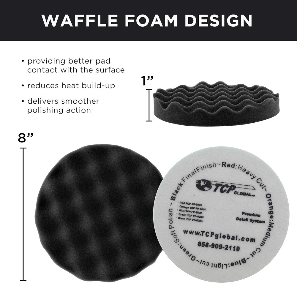 8" Black Waffle Foam Buffing Pad Hook and Loop Backing - Extra Fine Pad for Poli