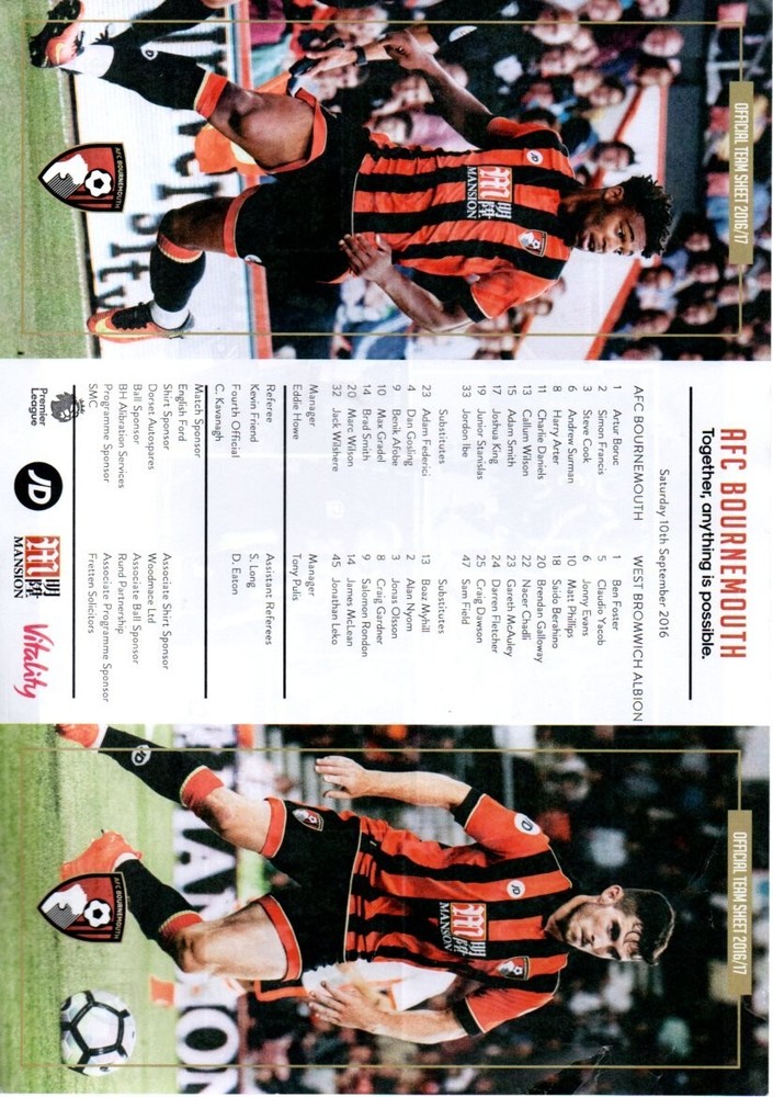 Team Sheet - Bournemouth v West Brom 10.9.2016