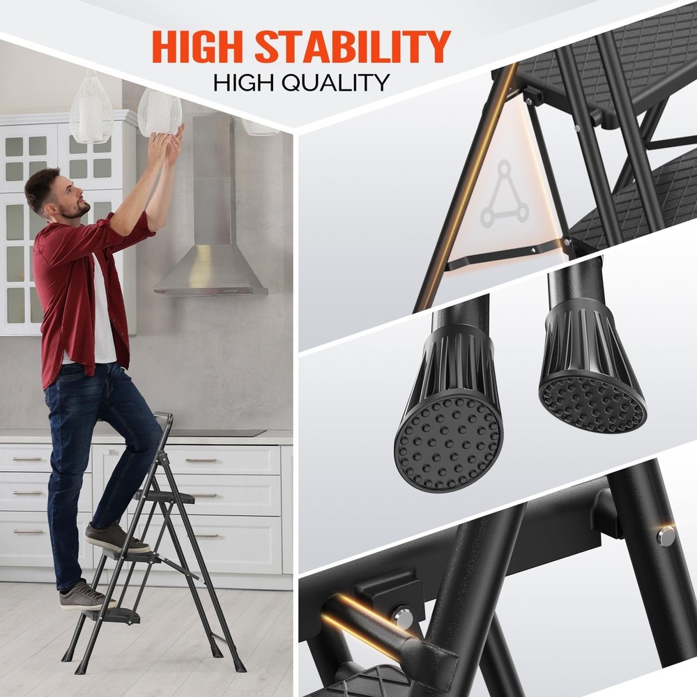 LUISLADDERS 3 Step Ladder with Handrails, Folding Step Stool with Widened Ant...