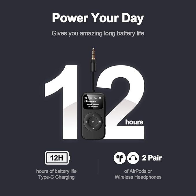 Black Portable, Long battery, Dual Pairing, LED Screen, Bluetooth 5.3 Adapter