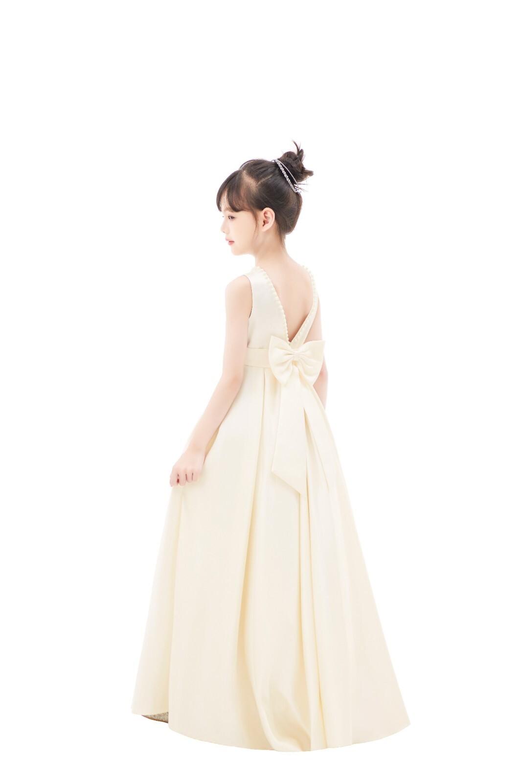 Backless A-line Satin Flower Girl Dress with Pearl Beaded Trim Party Dresses