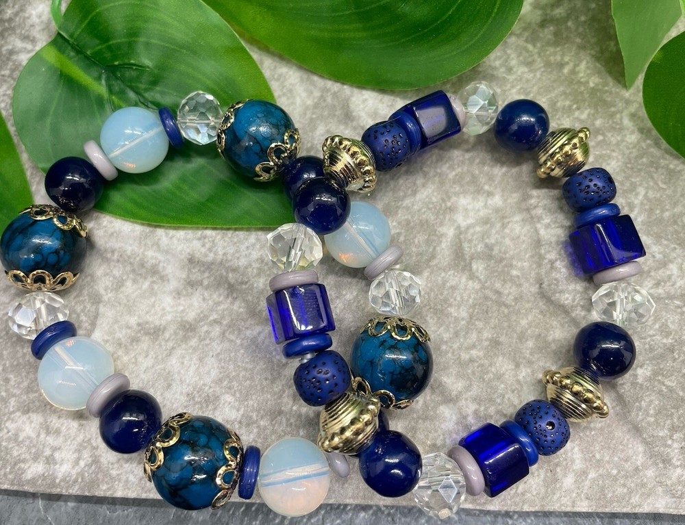 2 PC Handmade Bohemian Beaded Stackable 7” Plus Stretch Bracelet Set New B1678