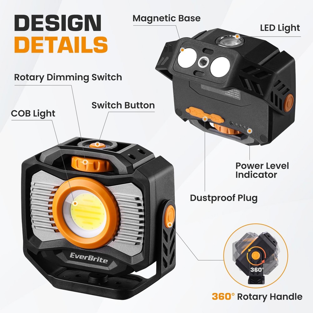 EverBrite Magnetic Work Light Rechargeable LED, 2000LM Black & Orange