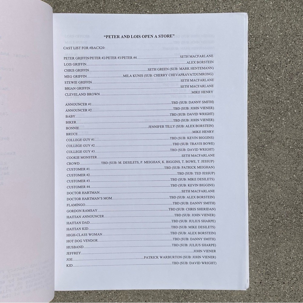 Family Guy 2013 Peter Lois Open A Store aka Baking Bad Used Table Draft Script