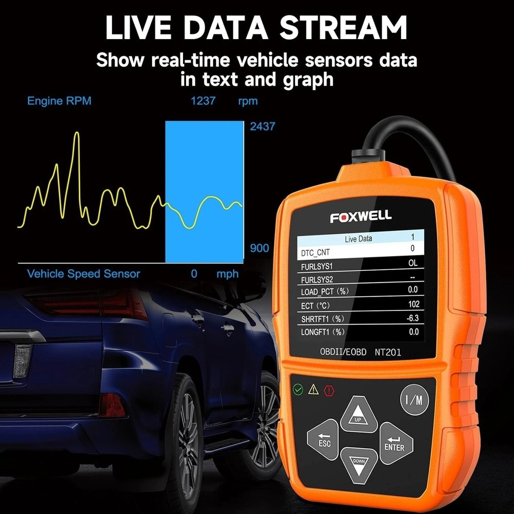 Compact NT201 OBDII Diagnostic Tool - Live Data & Fault Code Reader for All Cars