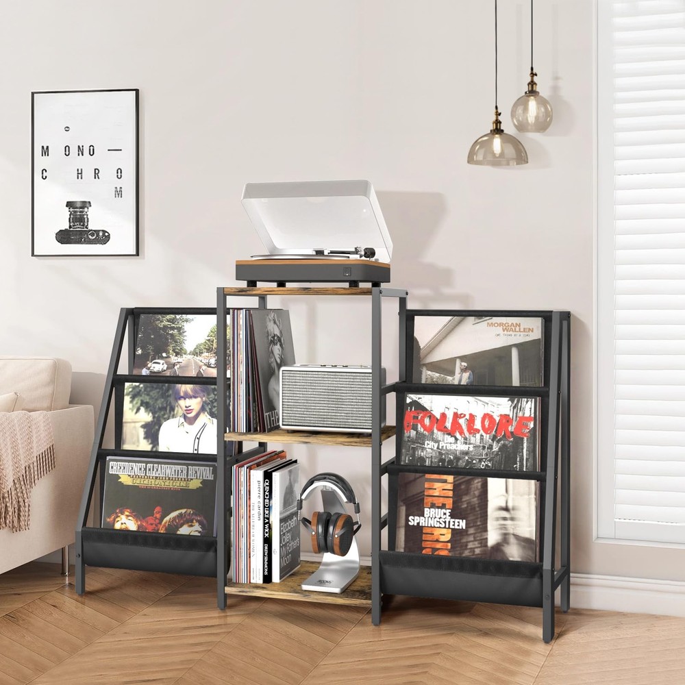Record Player Stand with Vinyl Storage, Two-side storage-Black&Brown