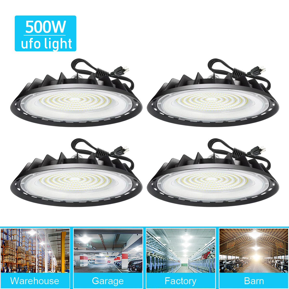 4Pcs 500W UFO Led High Bay Light 5000K Commercial Industrial Gym Led Shop Light
