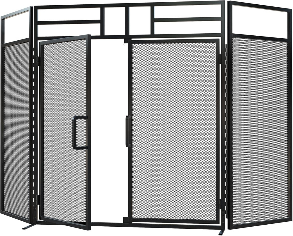 3-Panel Folding Fireplace Screen with Magnetic Hinged Doors, Solid Wrought Iron