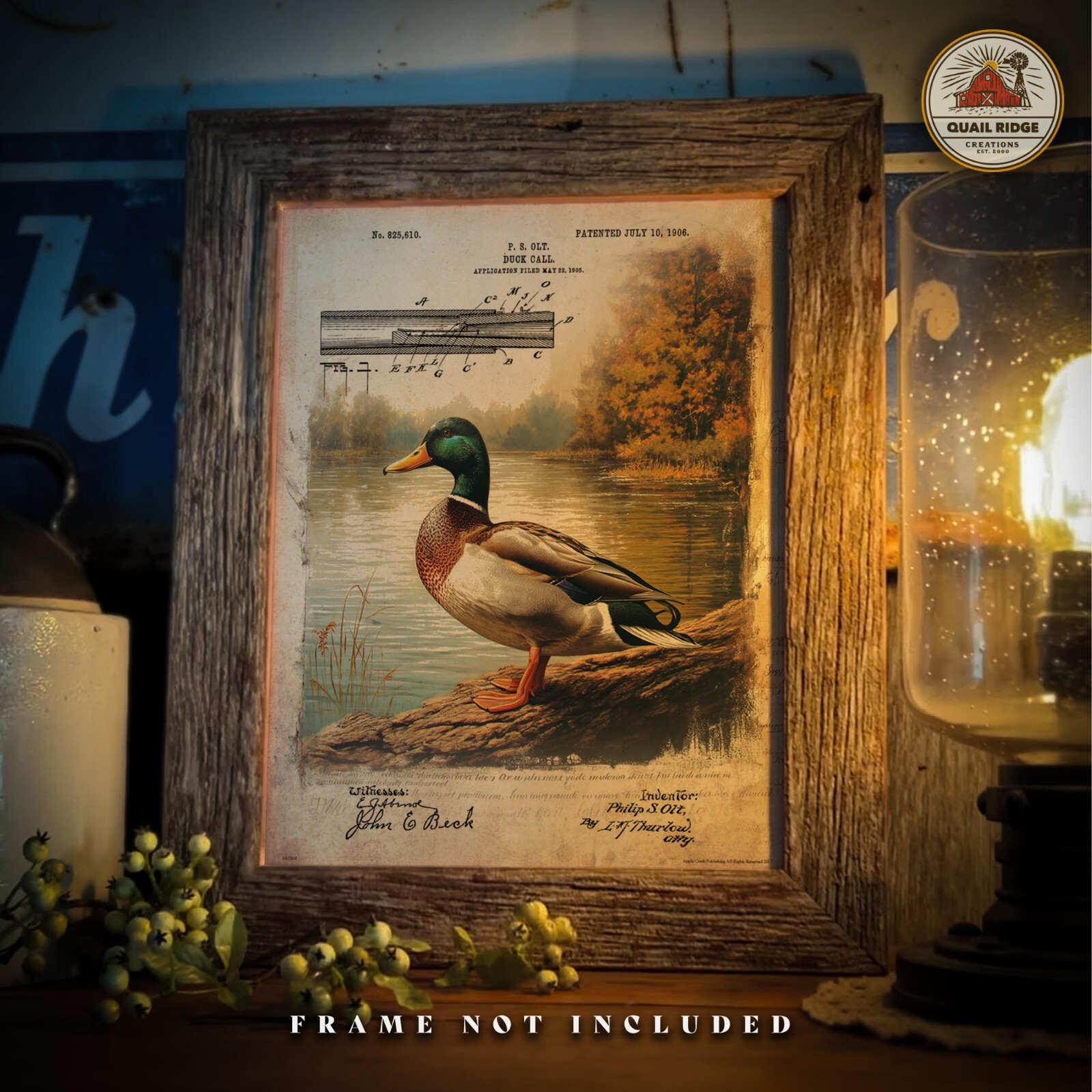 Vintage Duck Hunting Call Patent Art Print Mallard Duck Decoy Cabin Wall Decor
