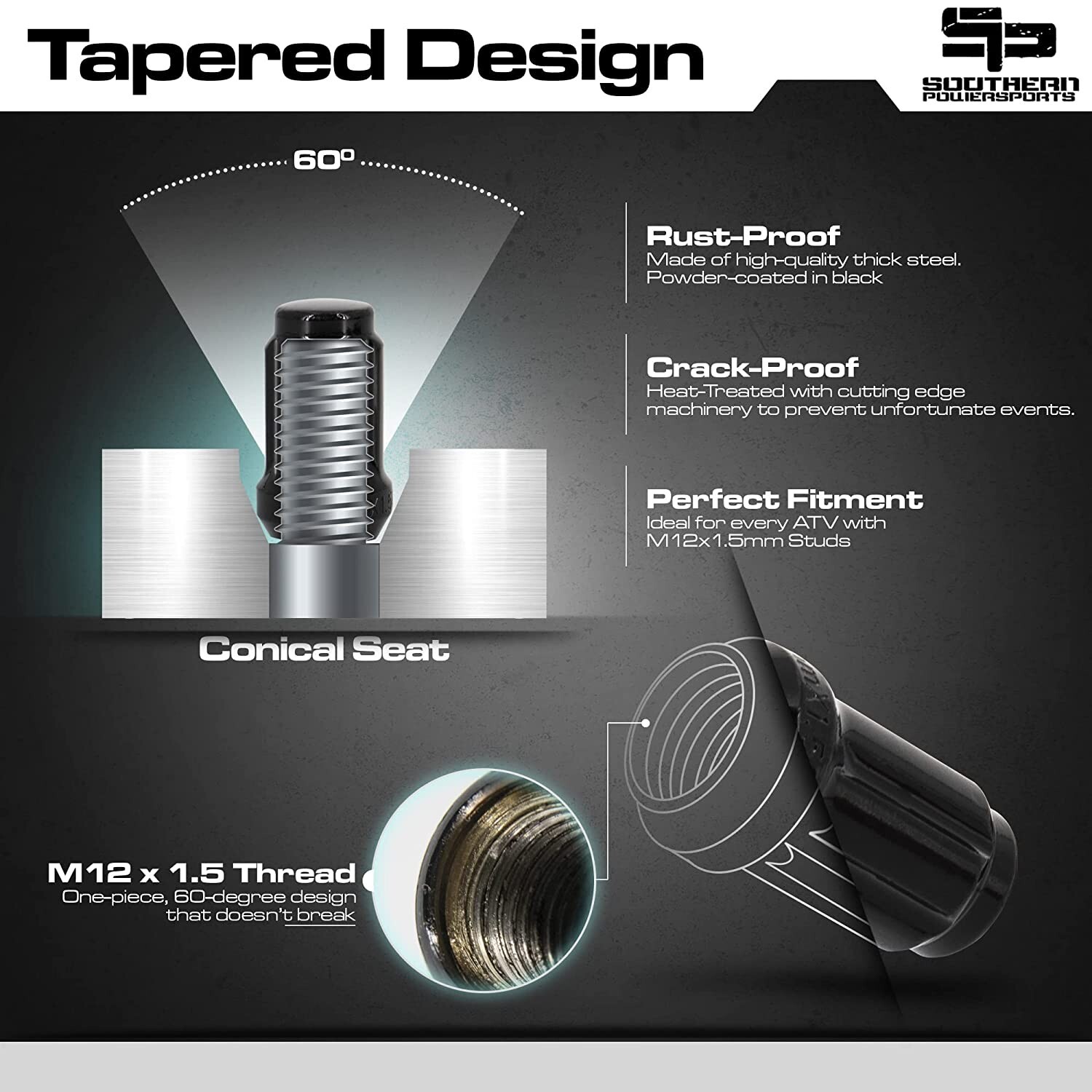 RZR 1000 XP 900 S Turbo Ranger Tapered Lug Nuts 12MM X 1.50 W/Key 16/PK (BLACK)