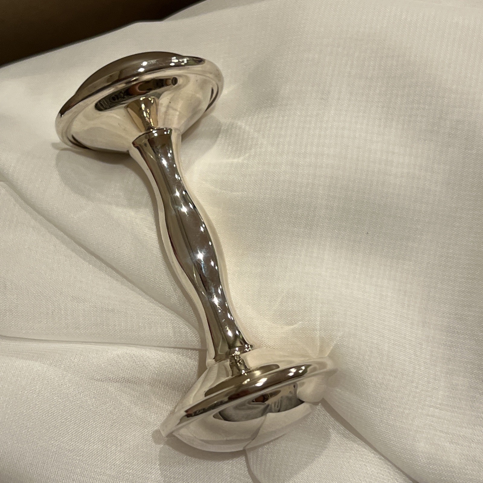 Beautiful Vintage Silver Plate Baby Rattle 4” Barbell Style