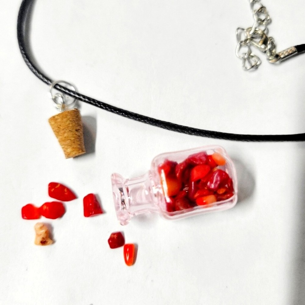 Hand crafted red coral mini bottle pendant necklace