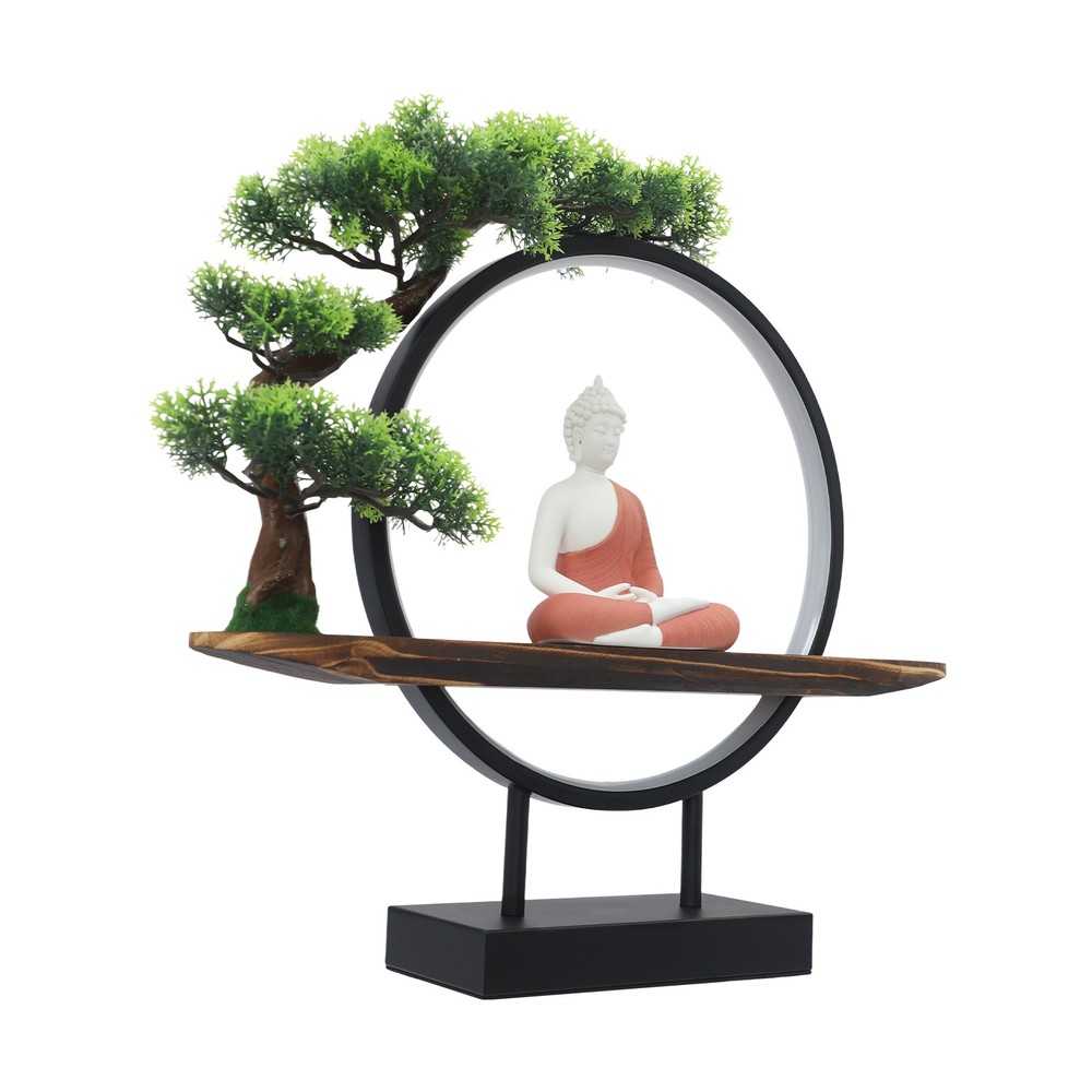 Buddha Statue Circle Lamp Tabletop LED Lighting Light with Green Artificial Tree