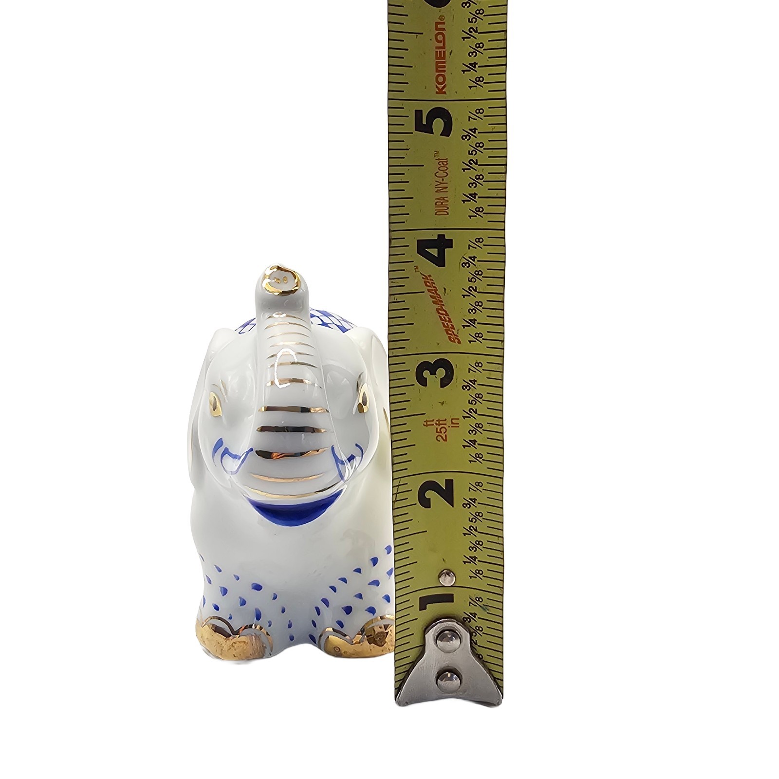 Vintage Blue Fishnet Porcelain Elephant Figurine Gold Accents Trunk Up Lucky 4"