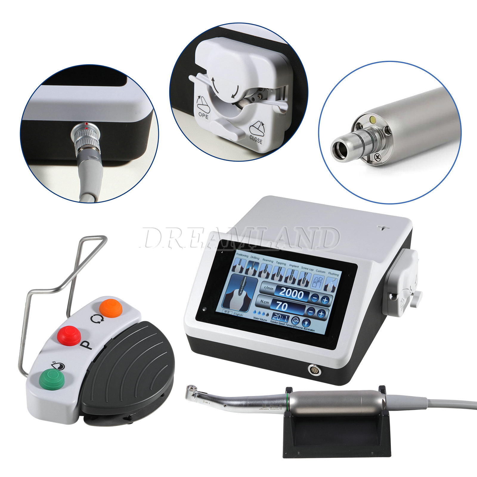 Dental Surgical Implant Motor Touch Screen w/ LED Fiber Optic 20:1 Contra Angle