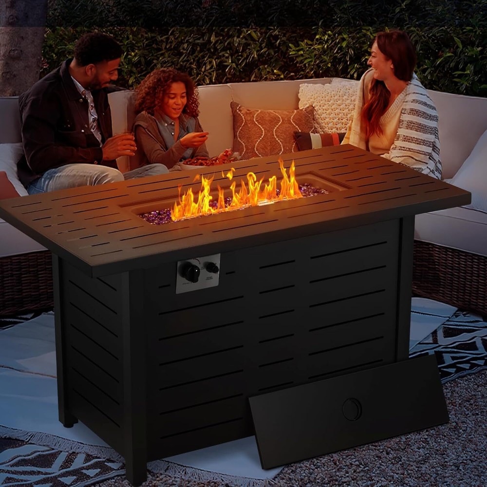 Fire Pit Propane Gas FirePit Table 43" Outdoor Rectangular Tabletop with Lid